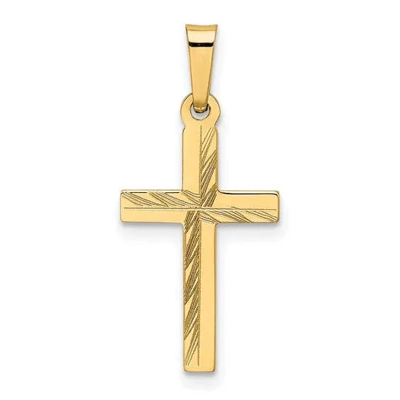 14k Yellow Gold Diamond Cut Small Hollow Cross Pendent