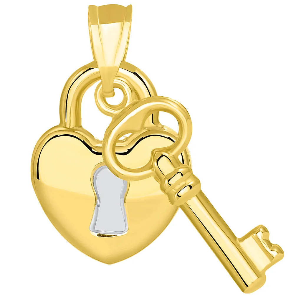 14k Yellow Gold Polished Two Tone Heart Shaped Lock and Love Key Pendant Necklace