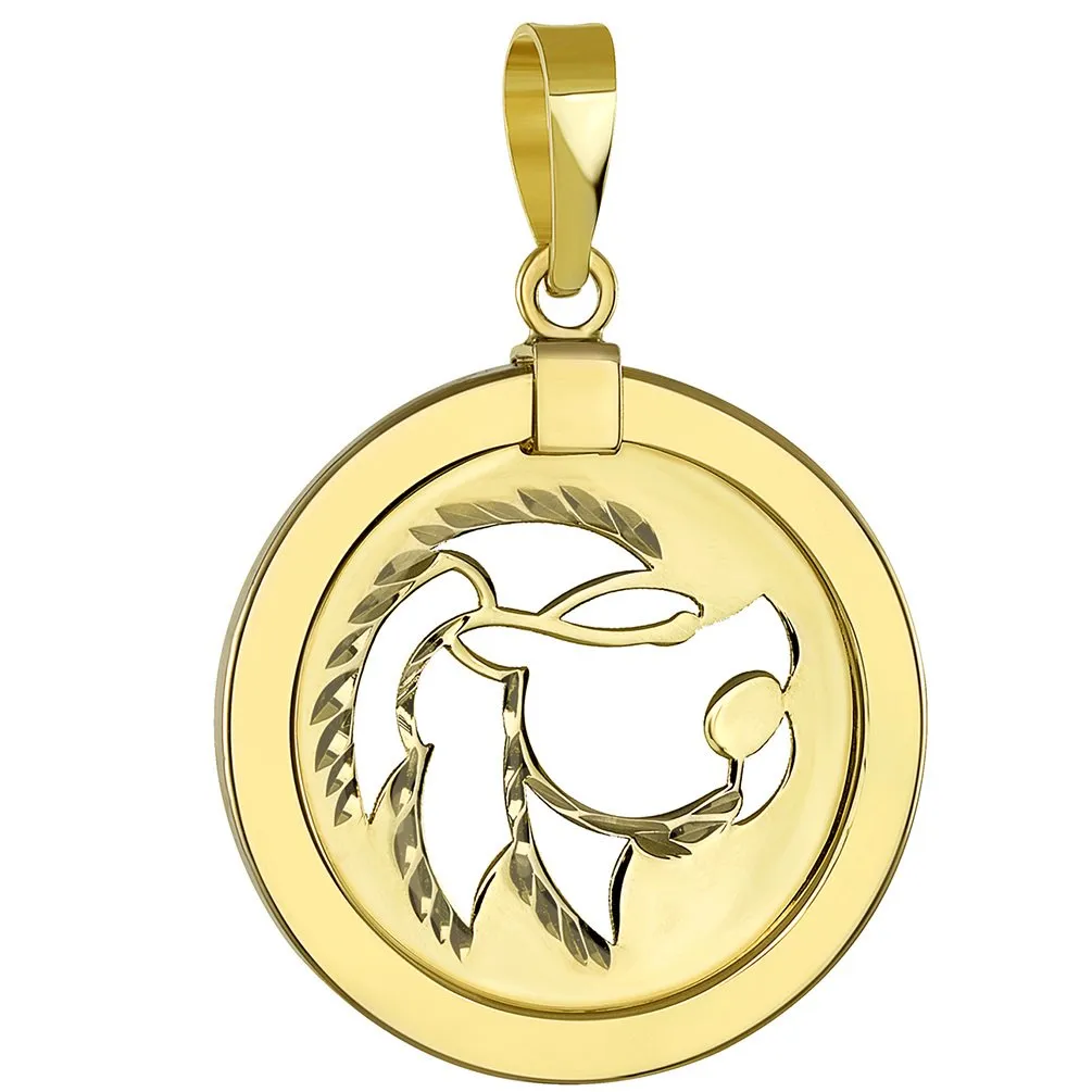 14K Yellow Gold Reversible Round Lion Leo Zodiac Sign Pendant Necklace