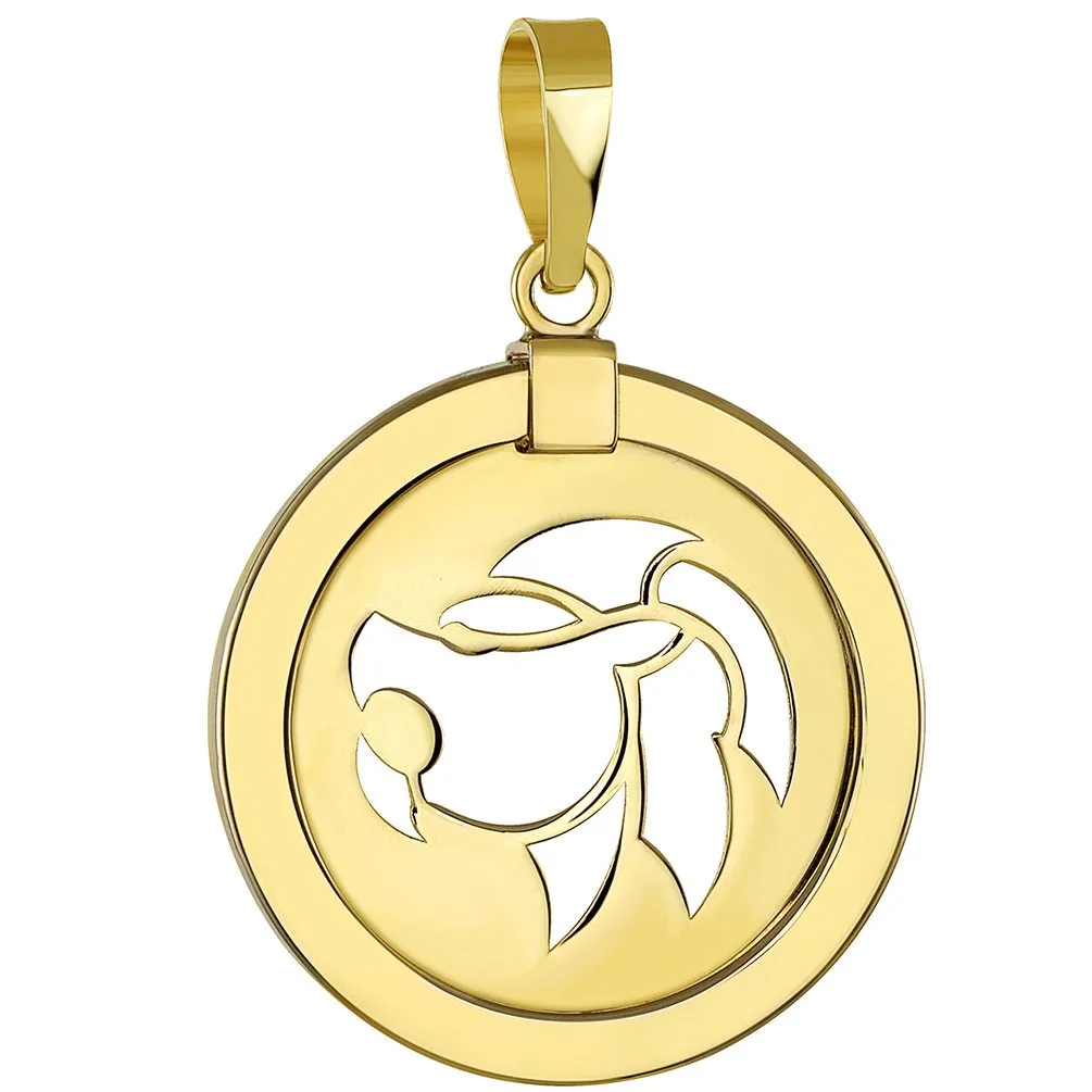 14K Yellow Gold Reversible Round Lion Leo Zodiac Sign Pendant Necklace