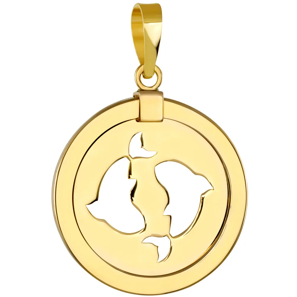 14K Yellow Gold Reversible Round Pisces Zodiac Sign Pendant with Cuban Chain Necklace