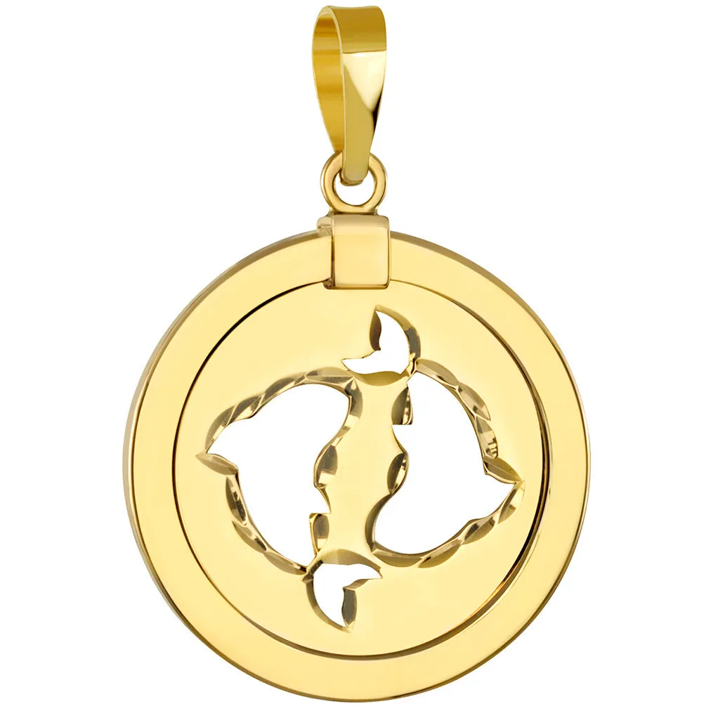 14K Yellow Gold Reversible Round Pisces Zodiac Sign Pendant with Cuban Chain Necklace