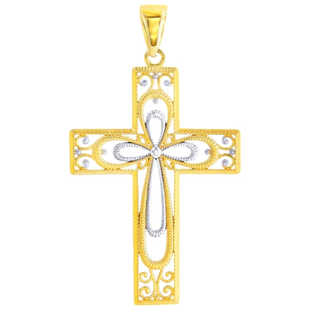 14K Yellow Gold Textured Milgrain Filigree Cross Pendant Cuban Chain Necklace