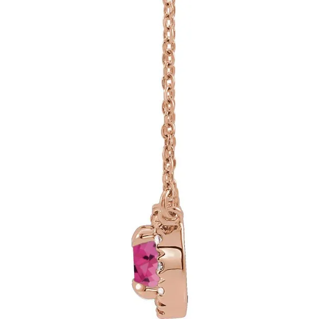 14KT GOLD 3/4 CT PINK TOURMALINE & 1/10 CTW DIAMOND ROUND HALO NECKLACE