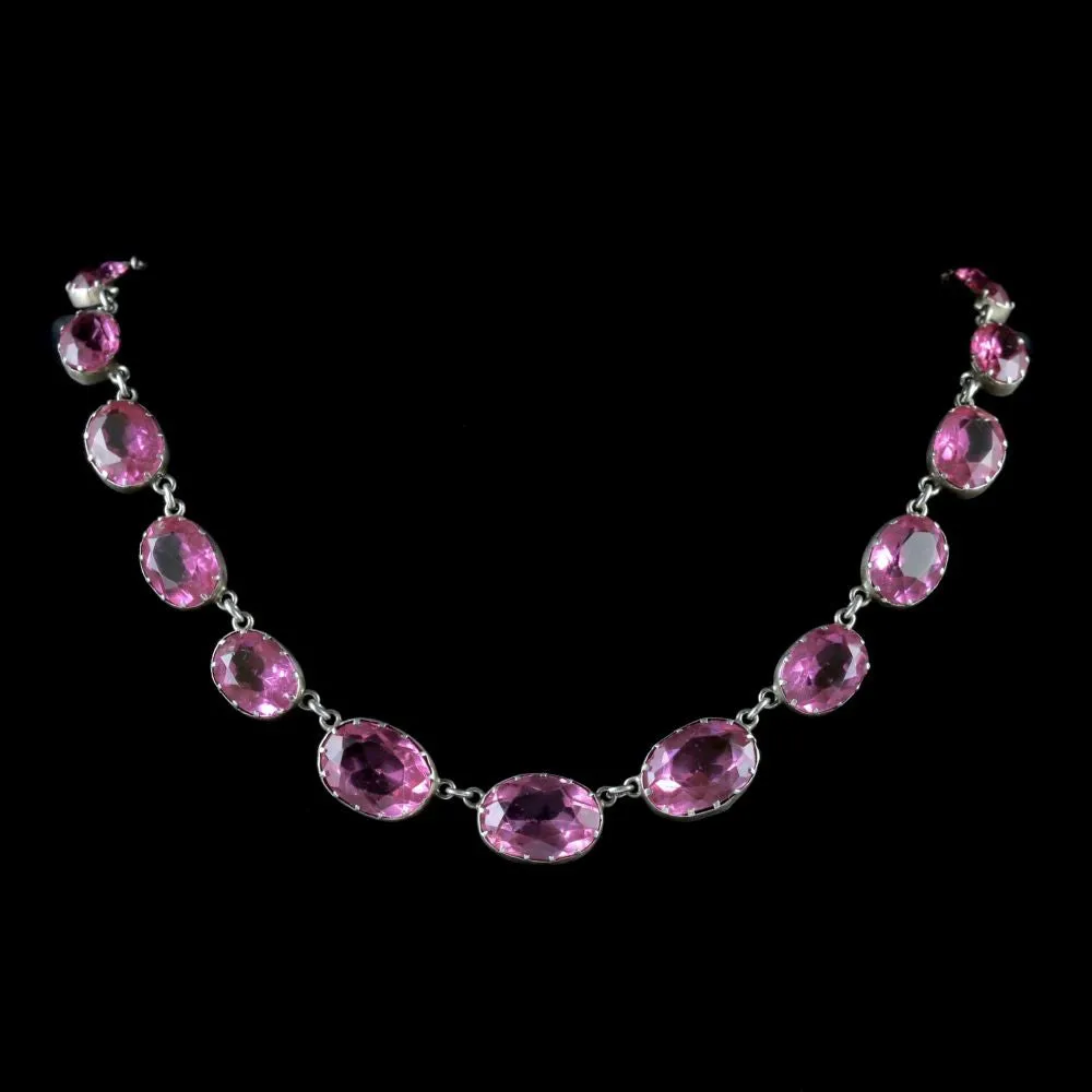Antique Victorian Pink Paste Necklace Silver Collar Circa 1880