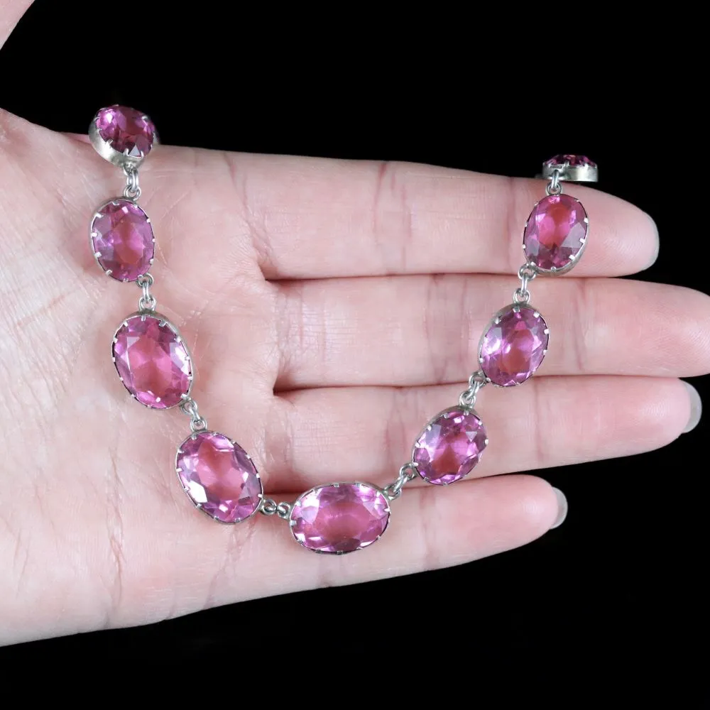 Antique Victorian Pink Paste Necklace Silver Collar Circa 1880