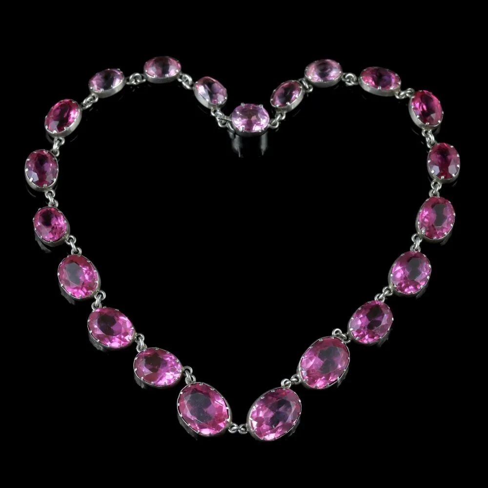Antique Victorian Pink Paste Necklace Silver Collar Circa 1880