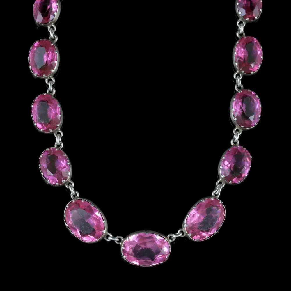 Antique Victorian Pink Paste Necklace Silver Collar Circa 1880