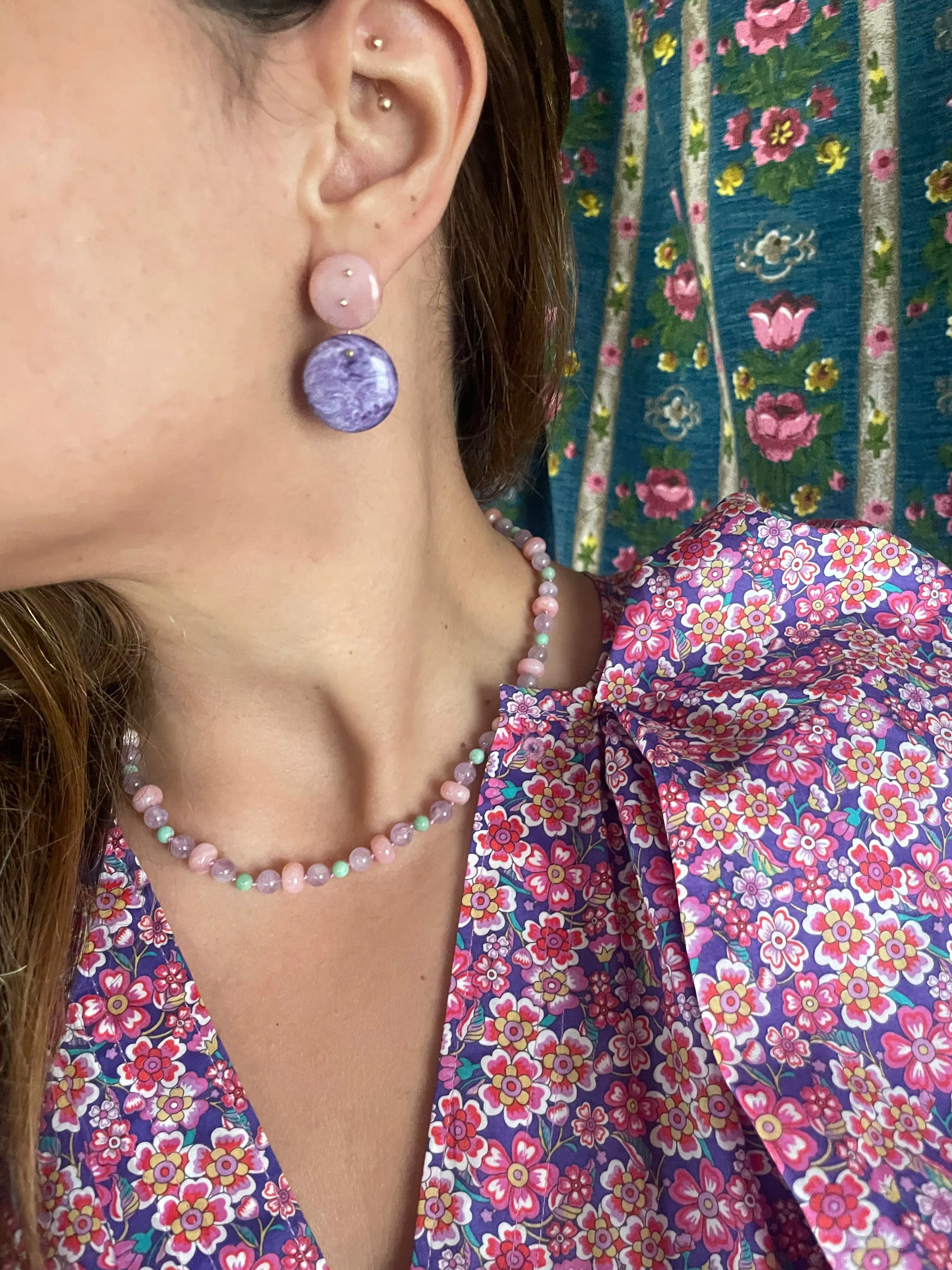 Beaded Pink Opal, Amethyst and Chrysoprase Necklace