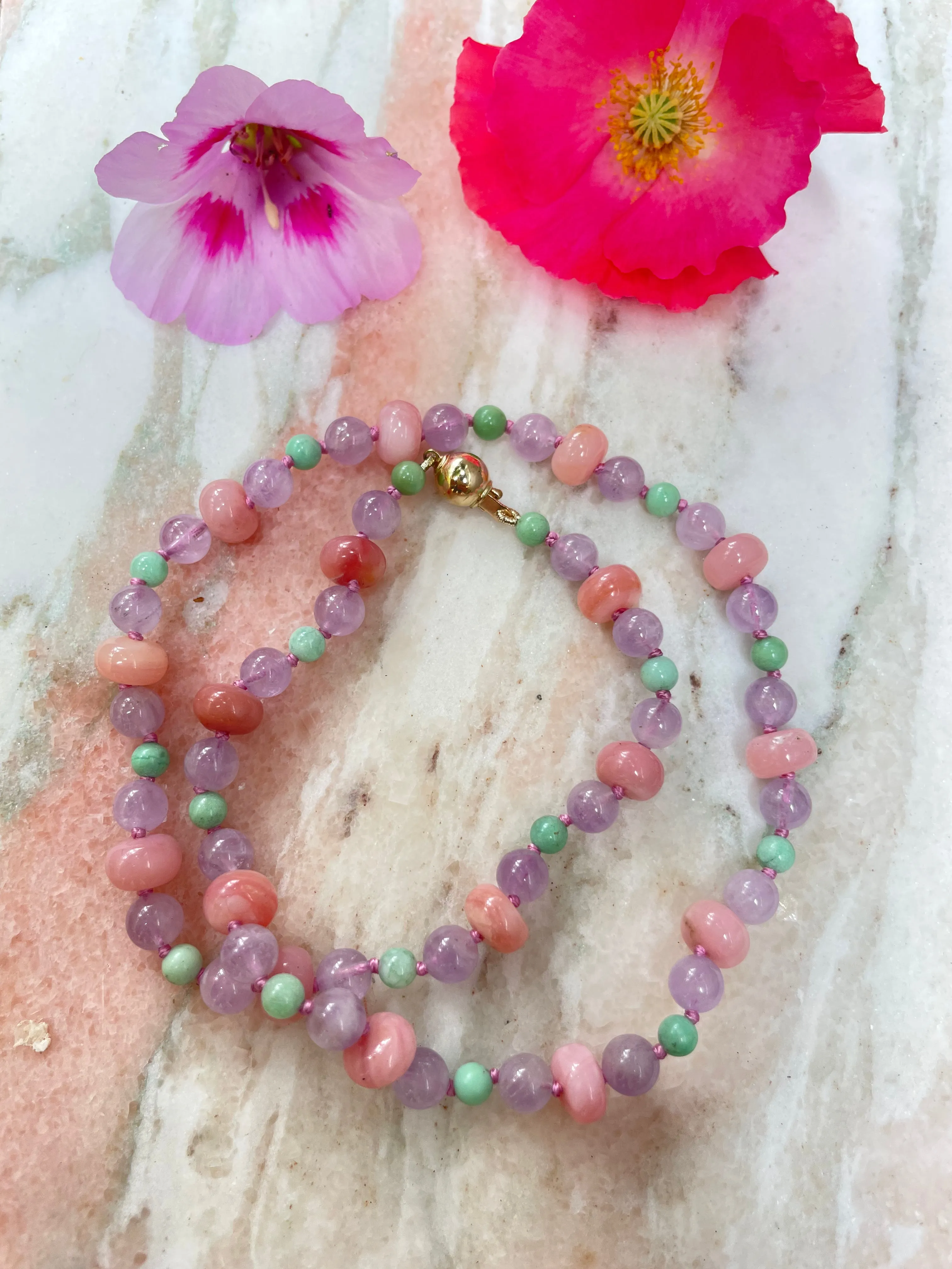Beaded Pink Opal, Amethyst and Chrysoprase Necklace