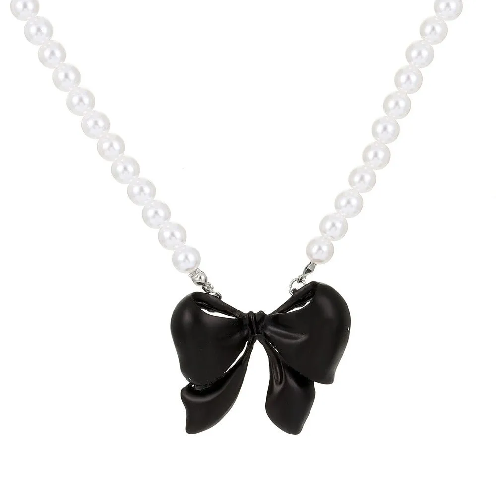 Black&Pink Bow Pearl Necklace