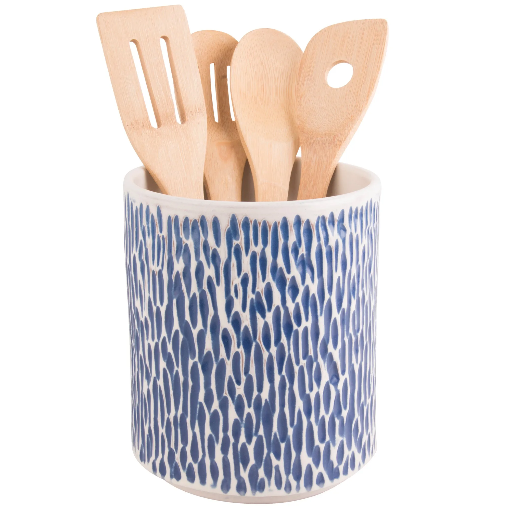Blue Carved Scale Ceramic Utensil Crock, 7-Inch