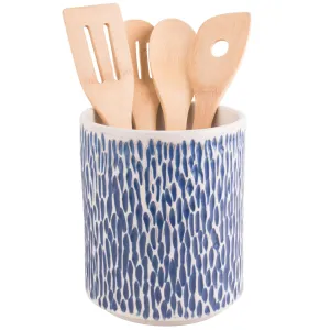 Blue Carved Scale Ceramic Utensil Crock, 7-Inch