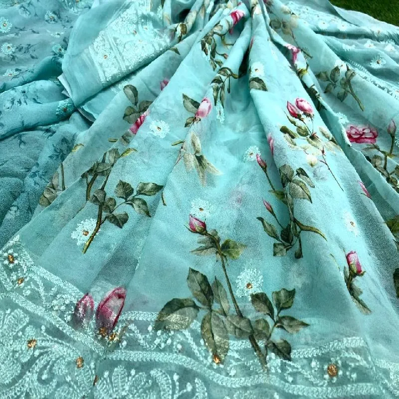 Blue Digital printed Georgette saree