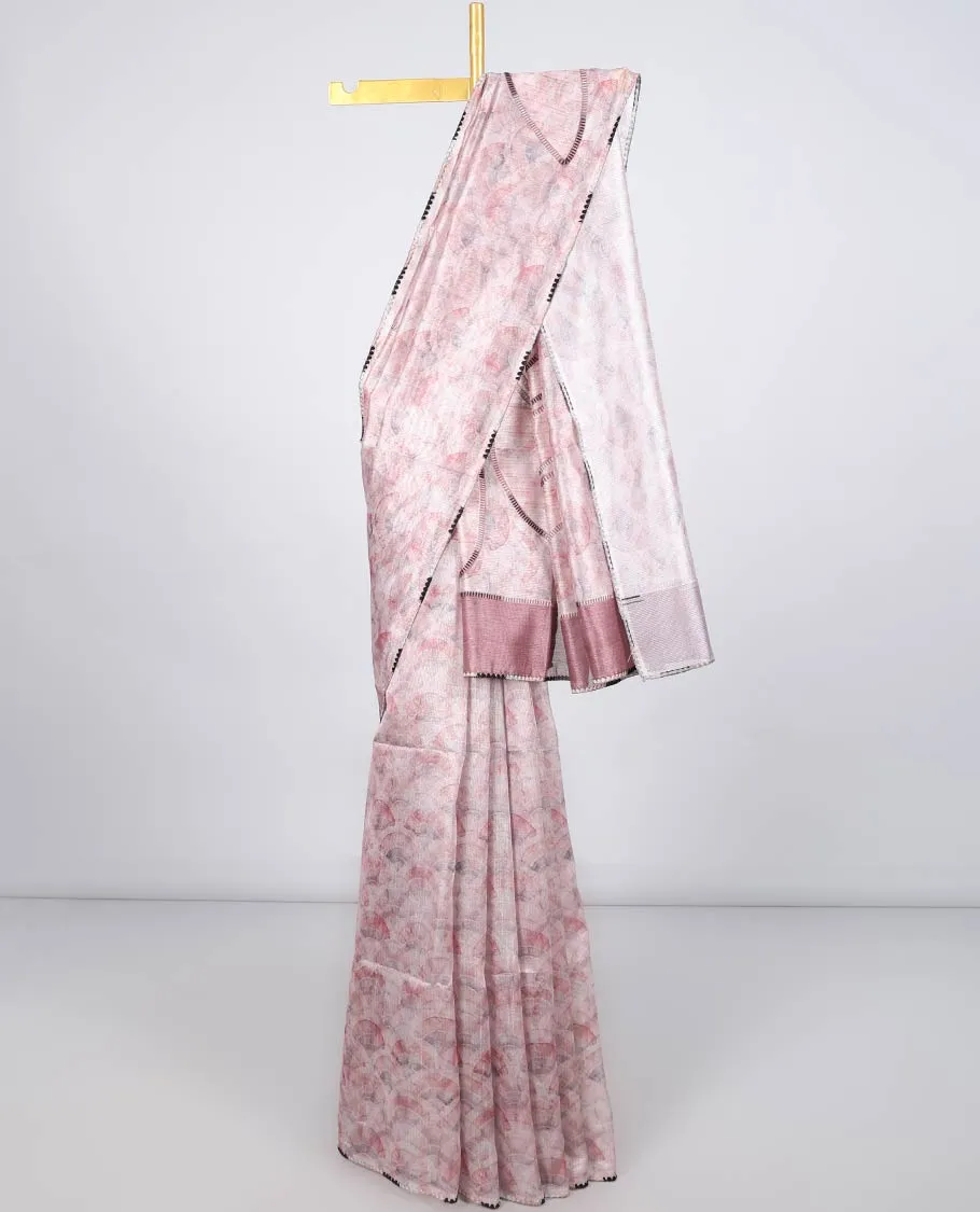 Borderless pink geometric printed semi banaras linen saree, self-pallu of geometric print & threadwork