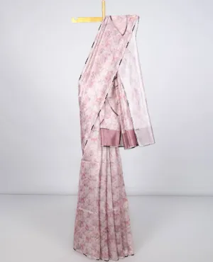 Borderless pink geometric printed semi banaras linen saree, self-pallu of geometric print & threadwork