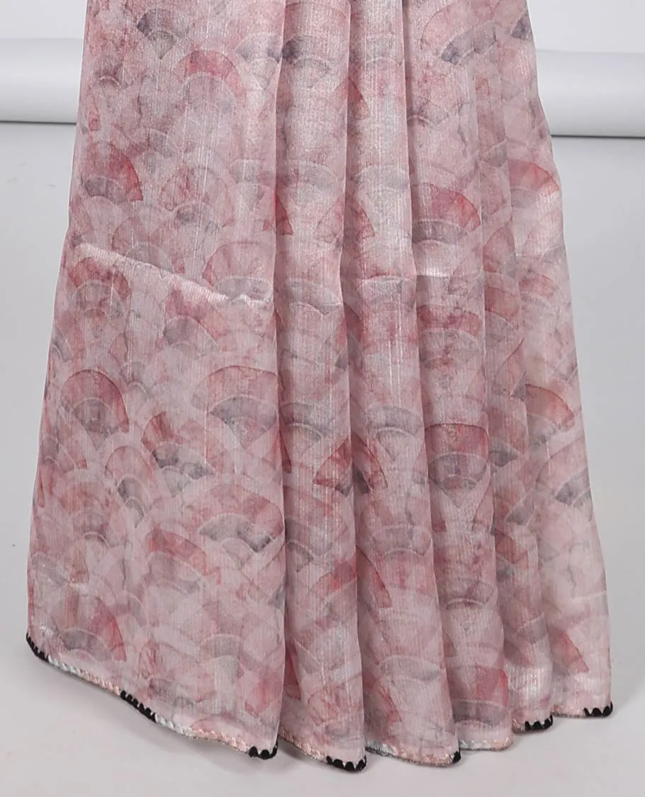 Borderless pink geometric printed semi banaras linen saree, self-pallu of geometric print & threadwork