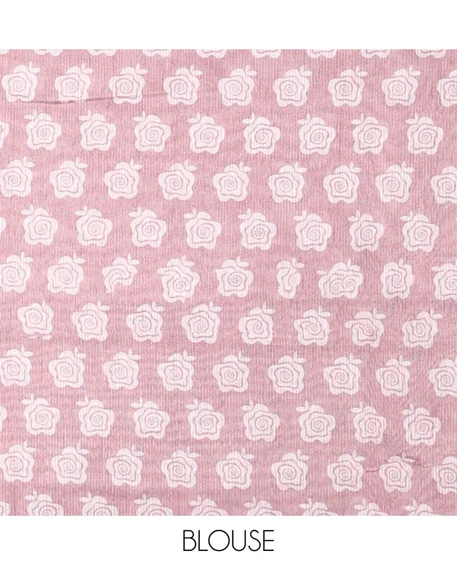 Borderless pink geometric printed semi banaras linen saree, self-pallu of geometric print & threadwork