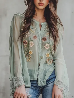 Casual Floral Embroidered Lace Cuff Shirt