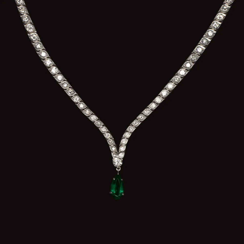 CHATHAM EMERALD 6.75ct NATURAL DIAMOND NECKLACE PLATINUM 39.4 gram RIVIERE DROP