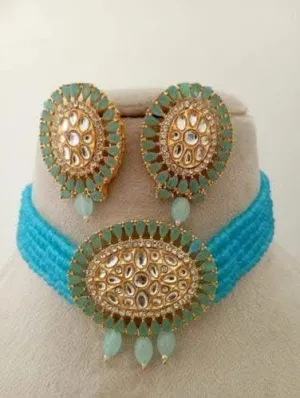Chokar kundan necklace with earrings (cyan)