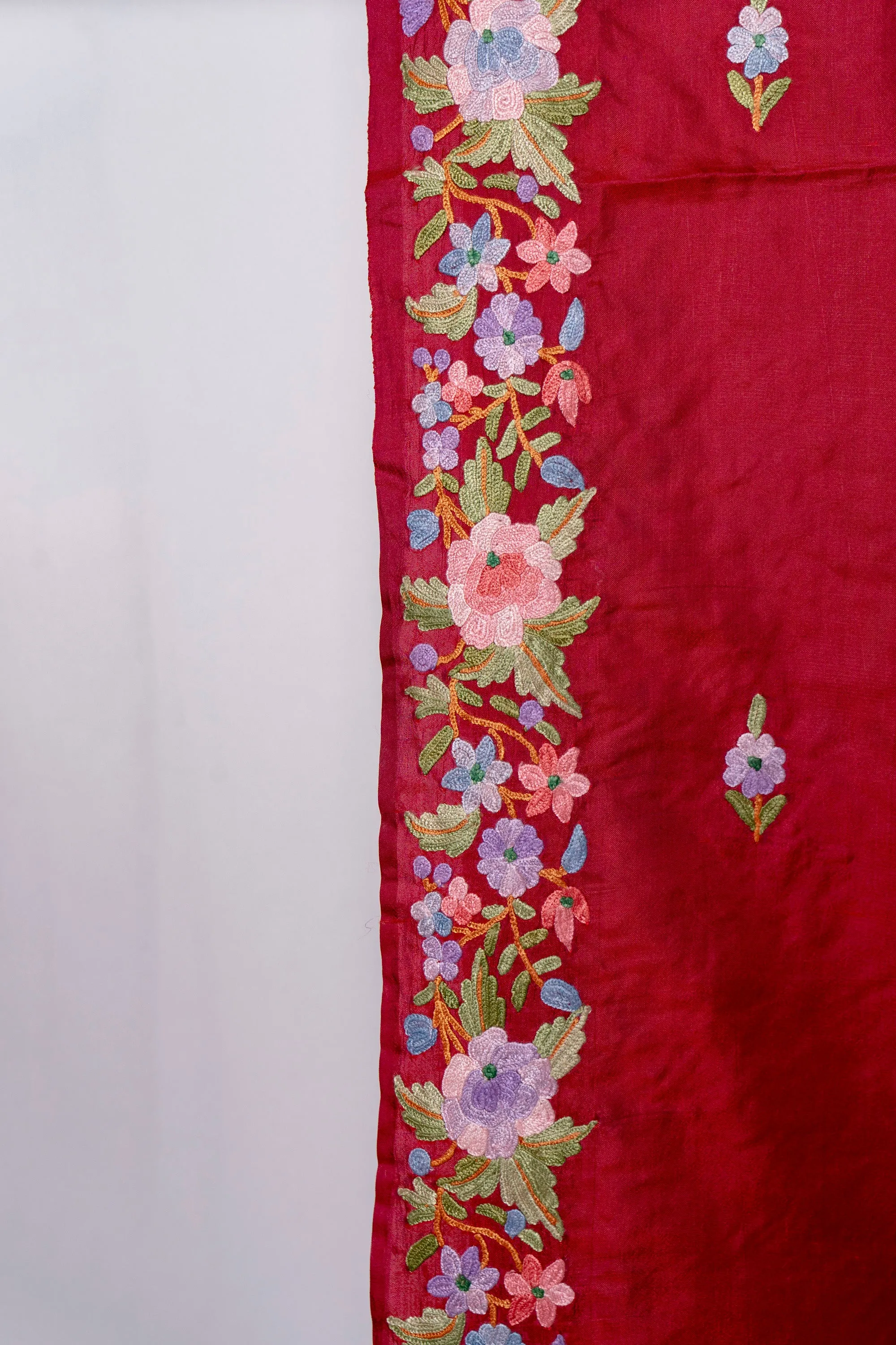 Crimson Elegance Pure Crepe Hand Aari Embroidery Saree