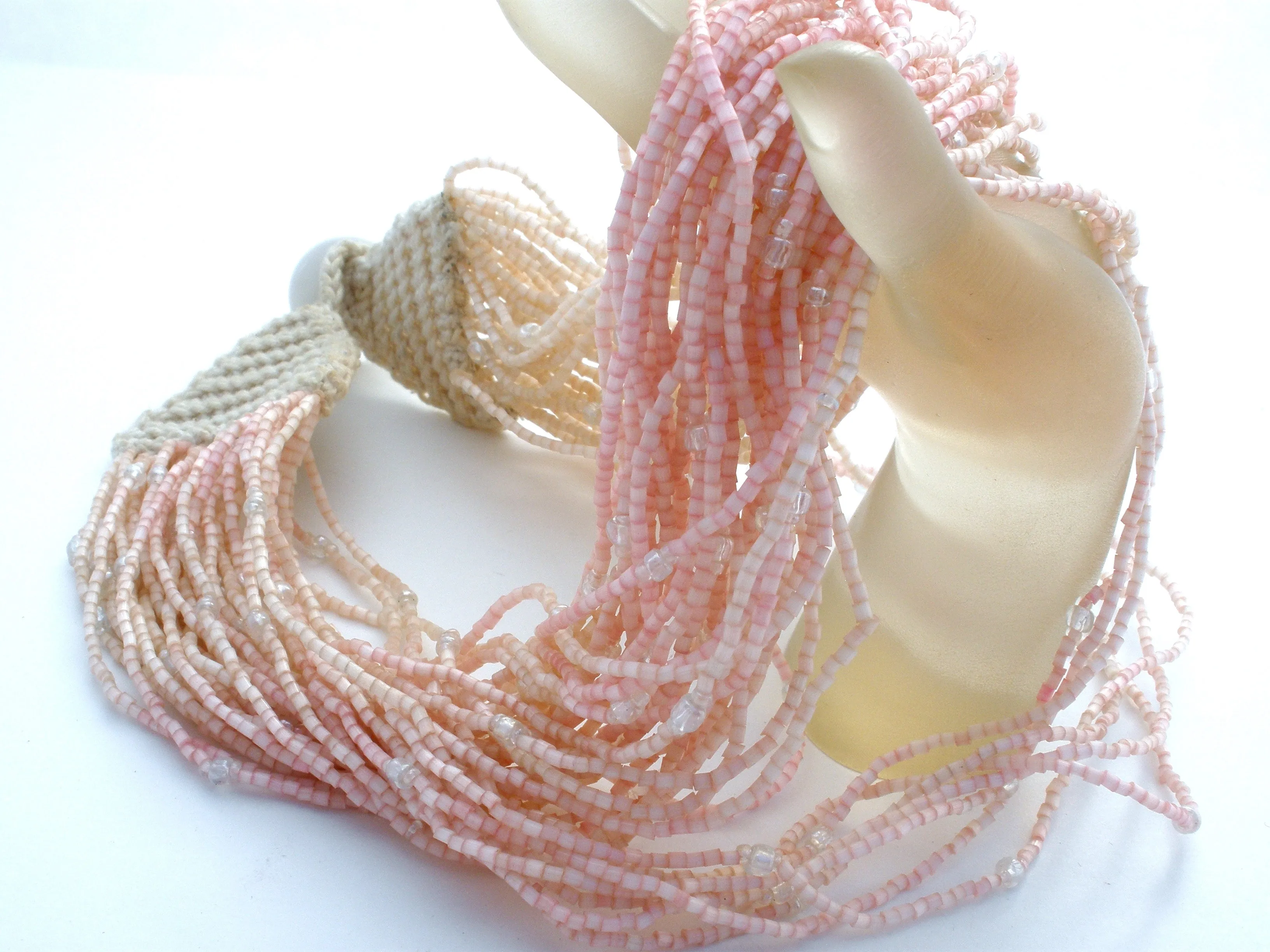 Crocheted Pink Bead Torsade Necklace Vintage