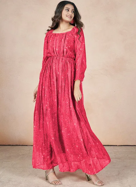 Dazzling Pink Chiffon Printed Party Wear Dress
