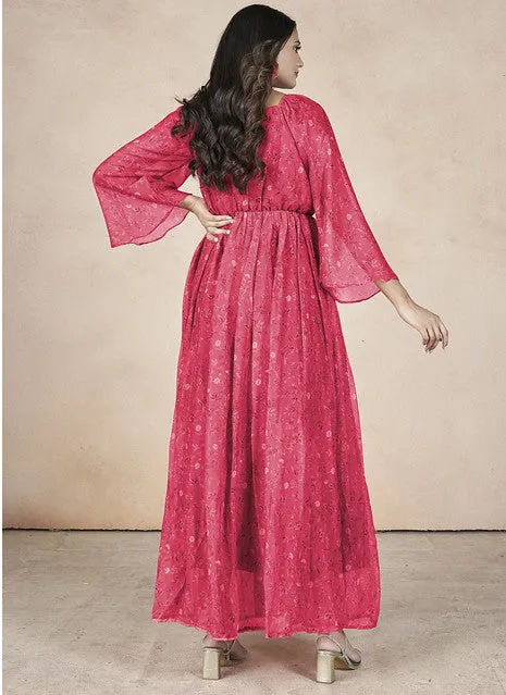 Dazzling Pink Chiffon Printed Party Wear Dress