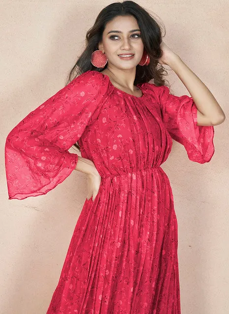 Dazzling Pink Chiffon Printed Party Wear Dress