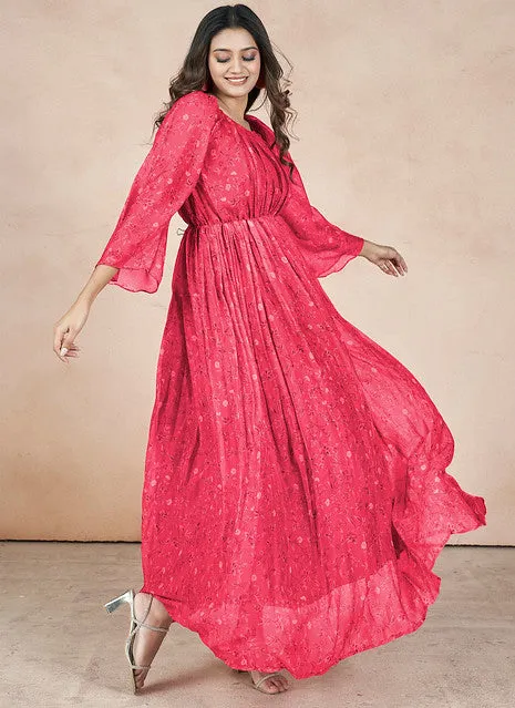 Dazzling Pink Chiffon Printed Party Wear Dress