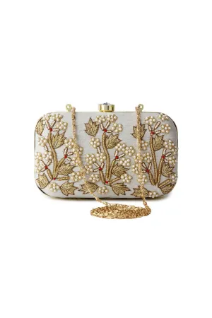 Delicate Fancy Fabric Embroidered Grey Color Clutch