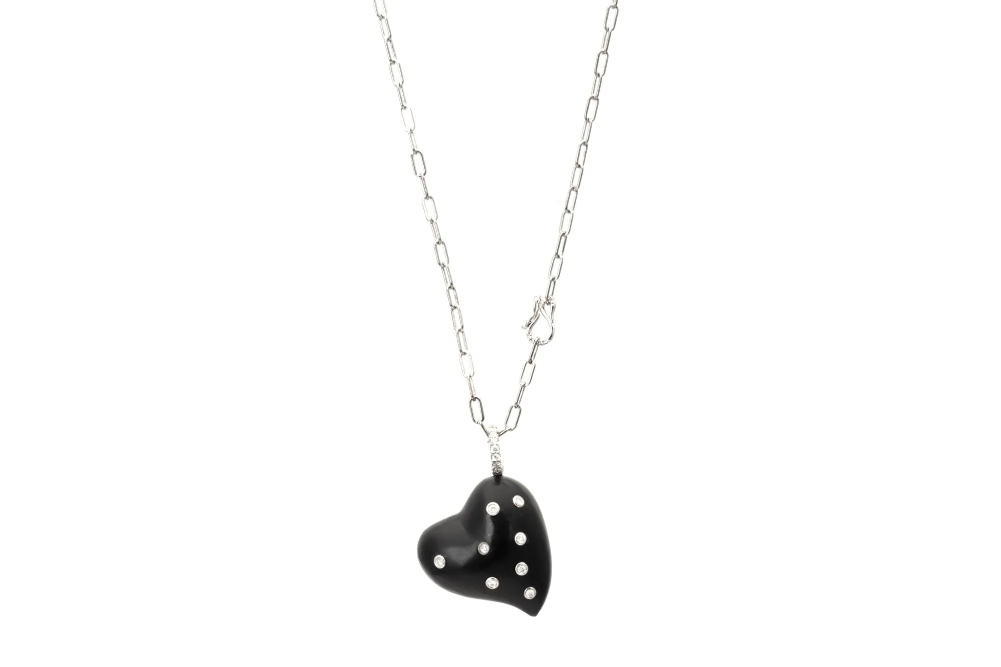 Diamond Bezel Ebony Heart Pendant on Paperclip Chain