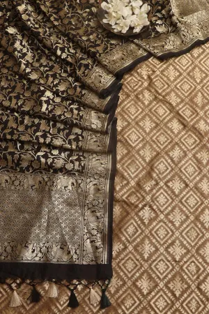 Elegant Browinsh Grey Banarasi Silk Suit With Black Banarasi Silk Dupatta
