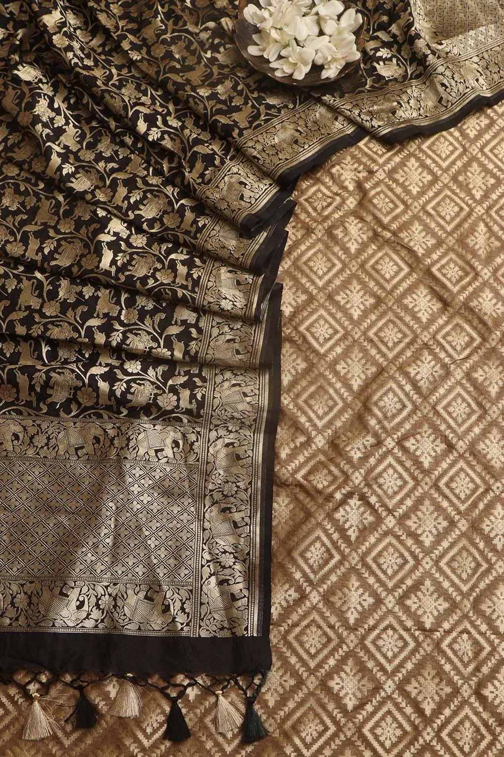 Elegant Browinsh Grey Banarasi Silk Suit With Black Banarasi Silk Dupatta
