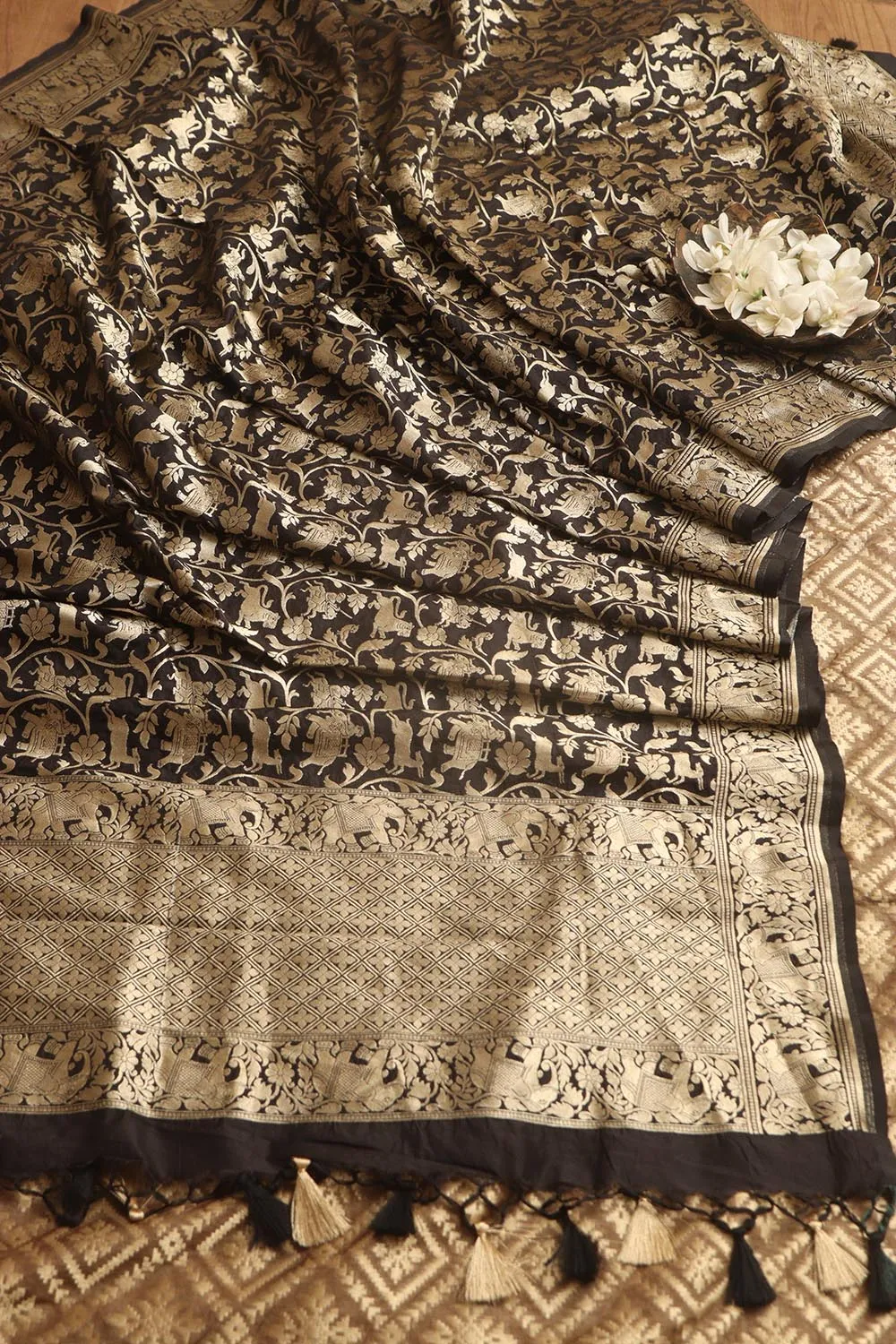 Elegant Browinsh Grey Banarasi Silk Suit With Black Banarasi Silk Dupatta