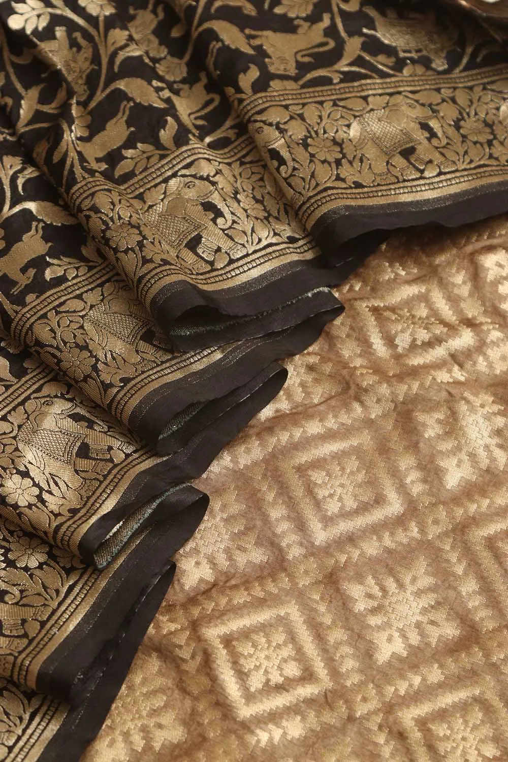 Elegant Browinsh Grey Banarasi Silk Suit With Black Banarasi Silk Dupatta