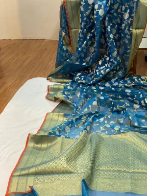 Elegant Handloom Banarasi Sari in Blue Pure Organza Silk