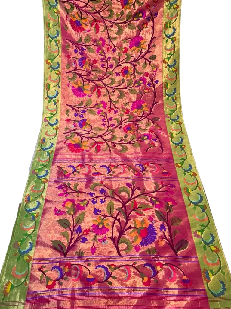 Elegant Pink Paithani Silk Brocade Saree with Floral Motifs