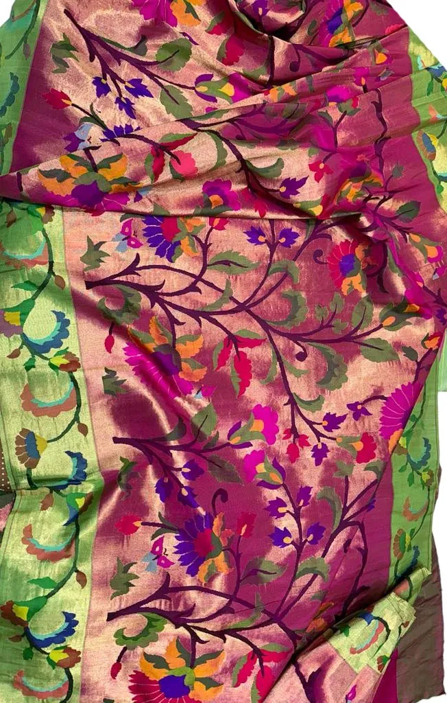 Elegant Pink Paithani Silk Brocade Saree with Floral Motifs