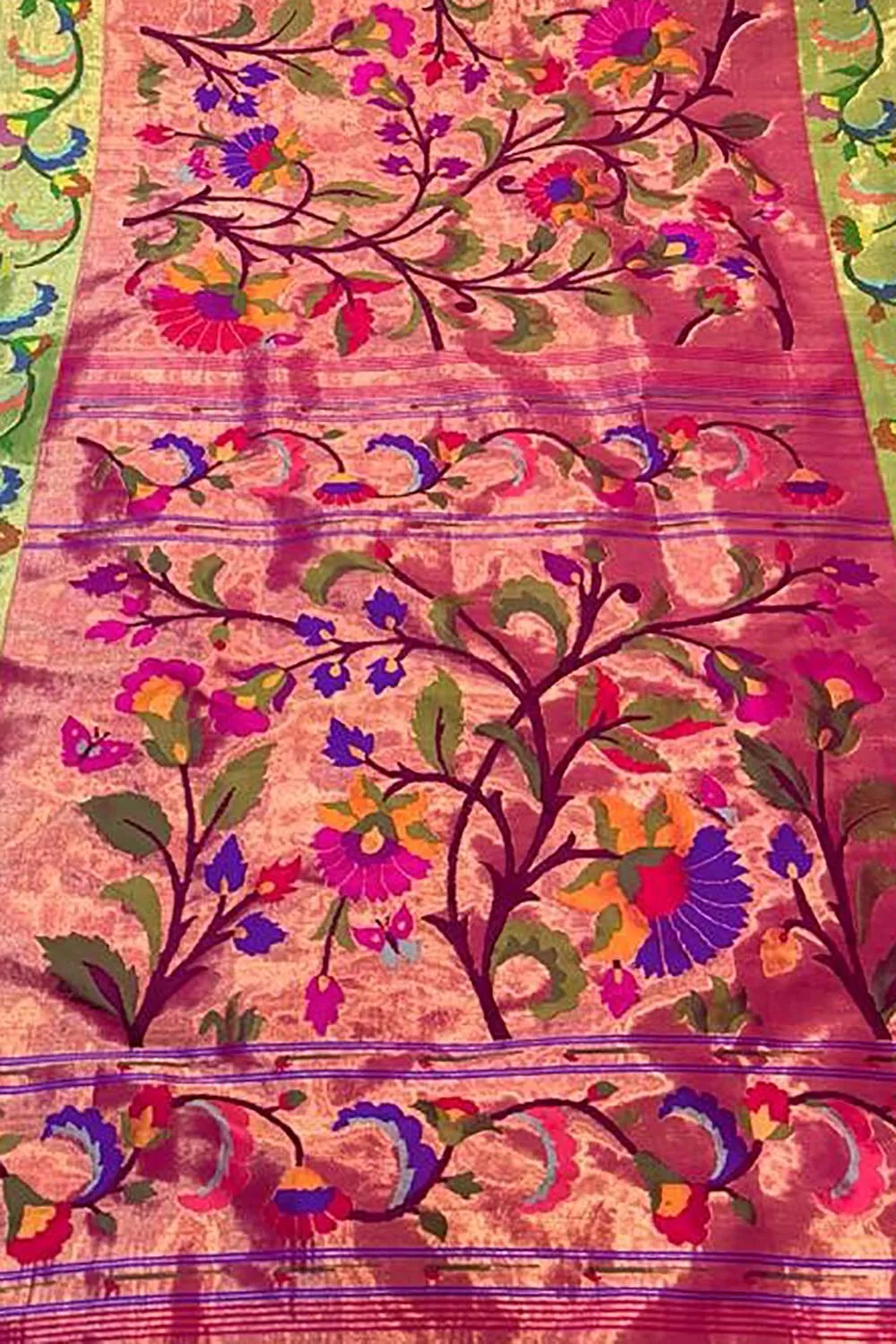 Elegant Pink Paithani Silk Brocade Saree with Floral Motifs