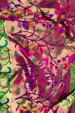 Elegant Pink Paithani Silk Brocade Saree with Floral Motifs