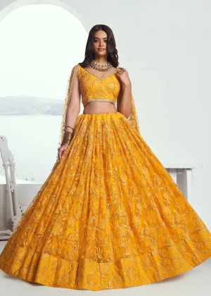 Exquisite Embroidered Net Yellow Wedding Wear Lehenga Choli
