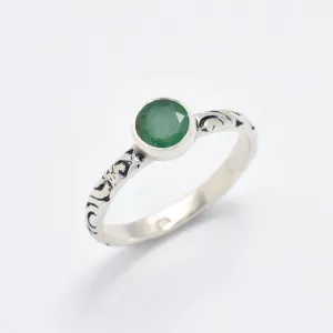 Genuine Emerald Ring - Engraved Silver Ring - Green Round Ring