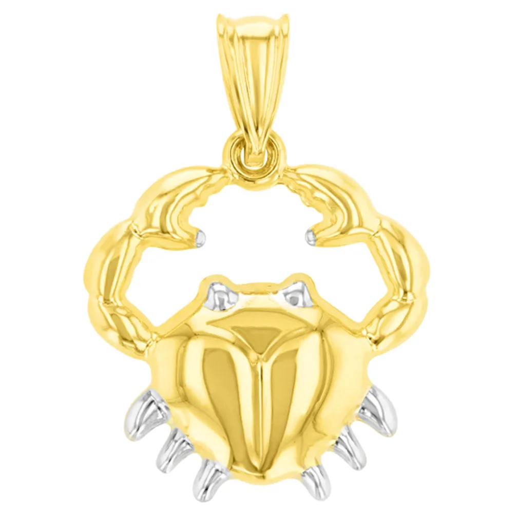 High Polish 14K Yellow Gold Cancer Zodiac Sign Pendant Crab Charm Cuban Chain Necklace
