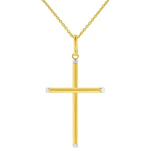 High Polished 14K Two-Tone Gold Plain Slender Cross Pendant with Chain Necklace