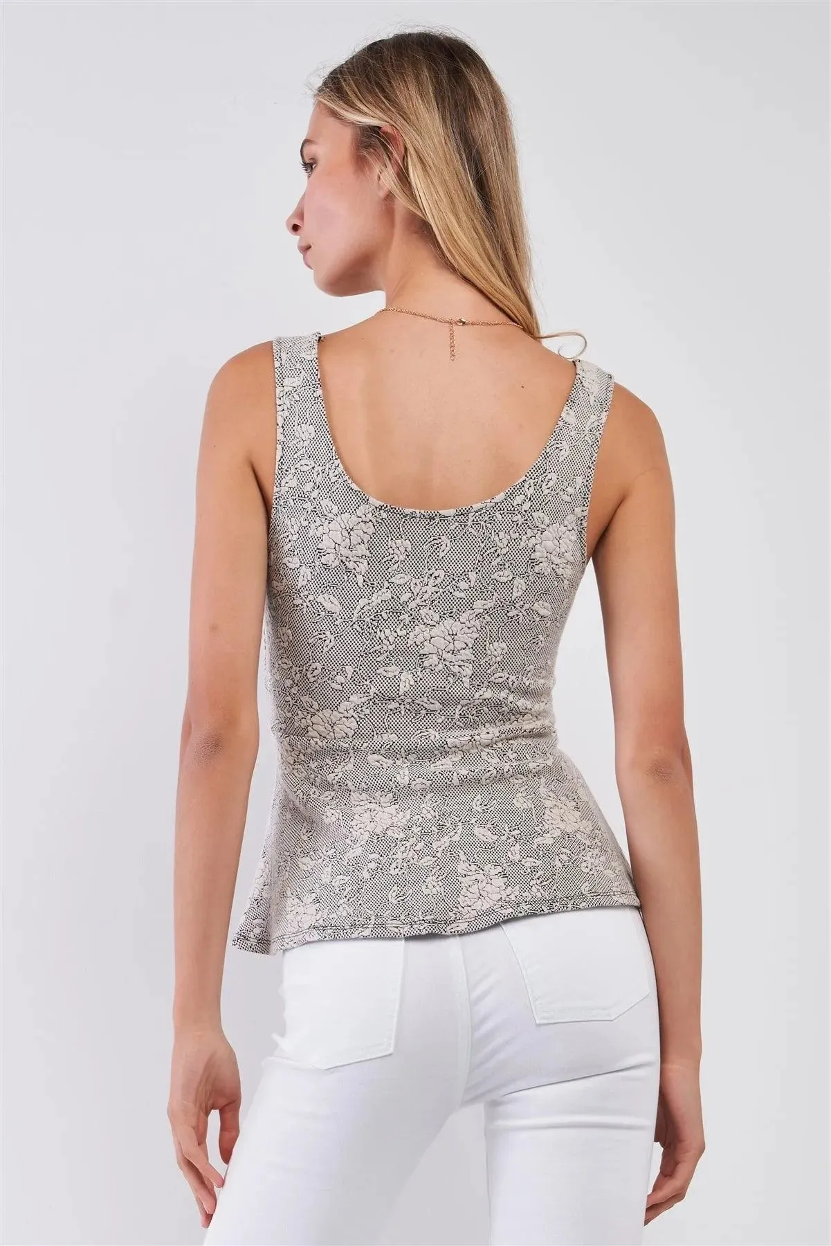 Ivory & Black Floral Bullet Printed Sleeveless Scoop Neck Fit & Flare Top /1-2-2-1