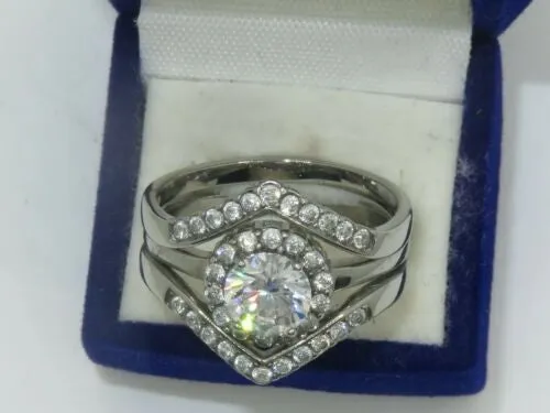 Jewellery Kingdom Cubic Zirconia Band Guard 2pcs Stainless Steel 3CT Engagement Wedding Ladies Ring Set