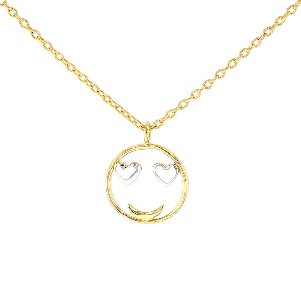 JewelryAmerica 14K Yellow Gold Smiley Face Smiling with Heart Eyes Necklace