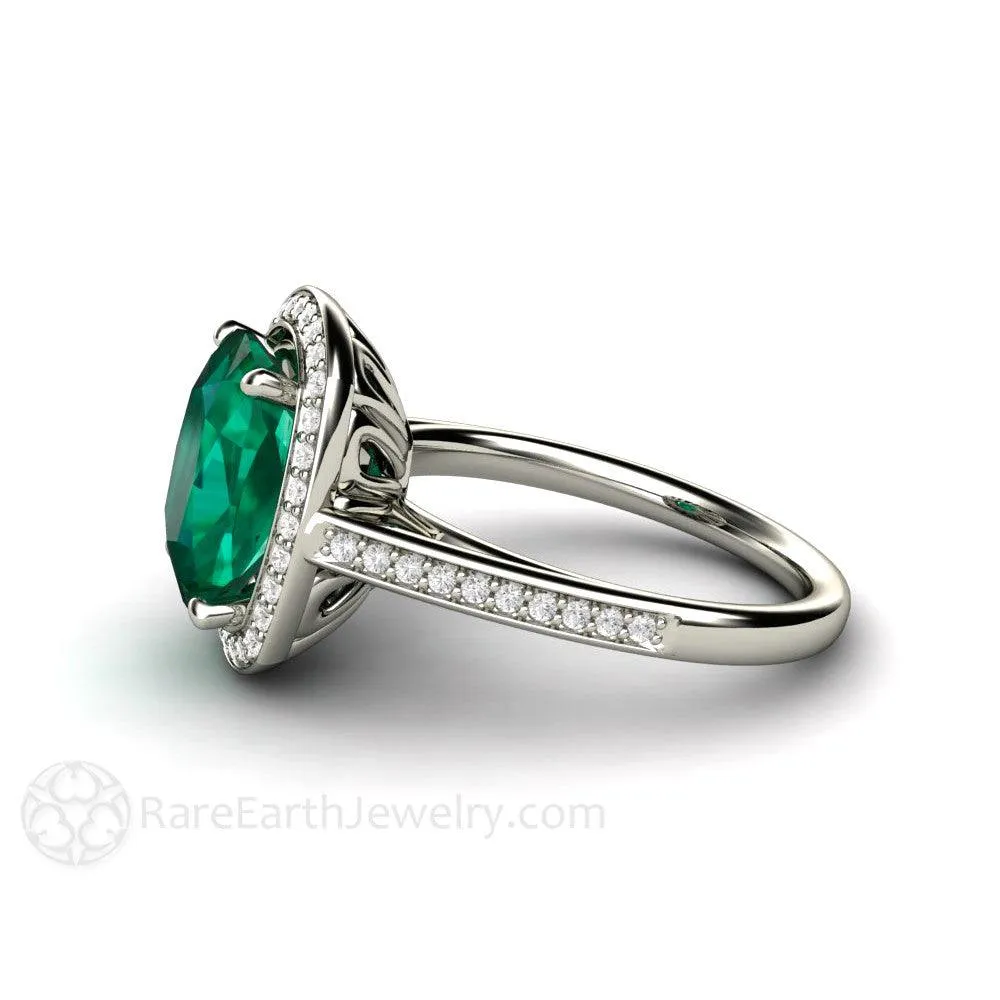 Large Emerald Cushion Cut Engagement Ring with Diamond Halo
